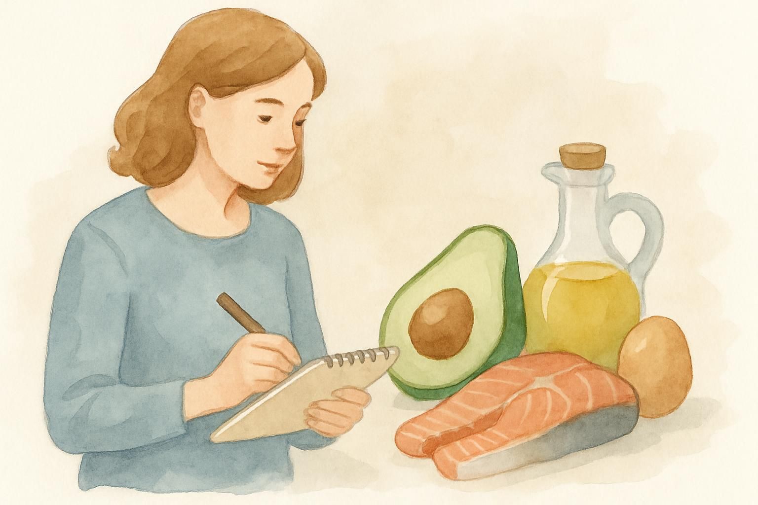 Ilustracja przewodnika jak zacząć dietę ketogeniczną — produkty keto, makroskładniki, lista zakupów