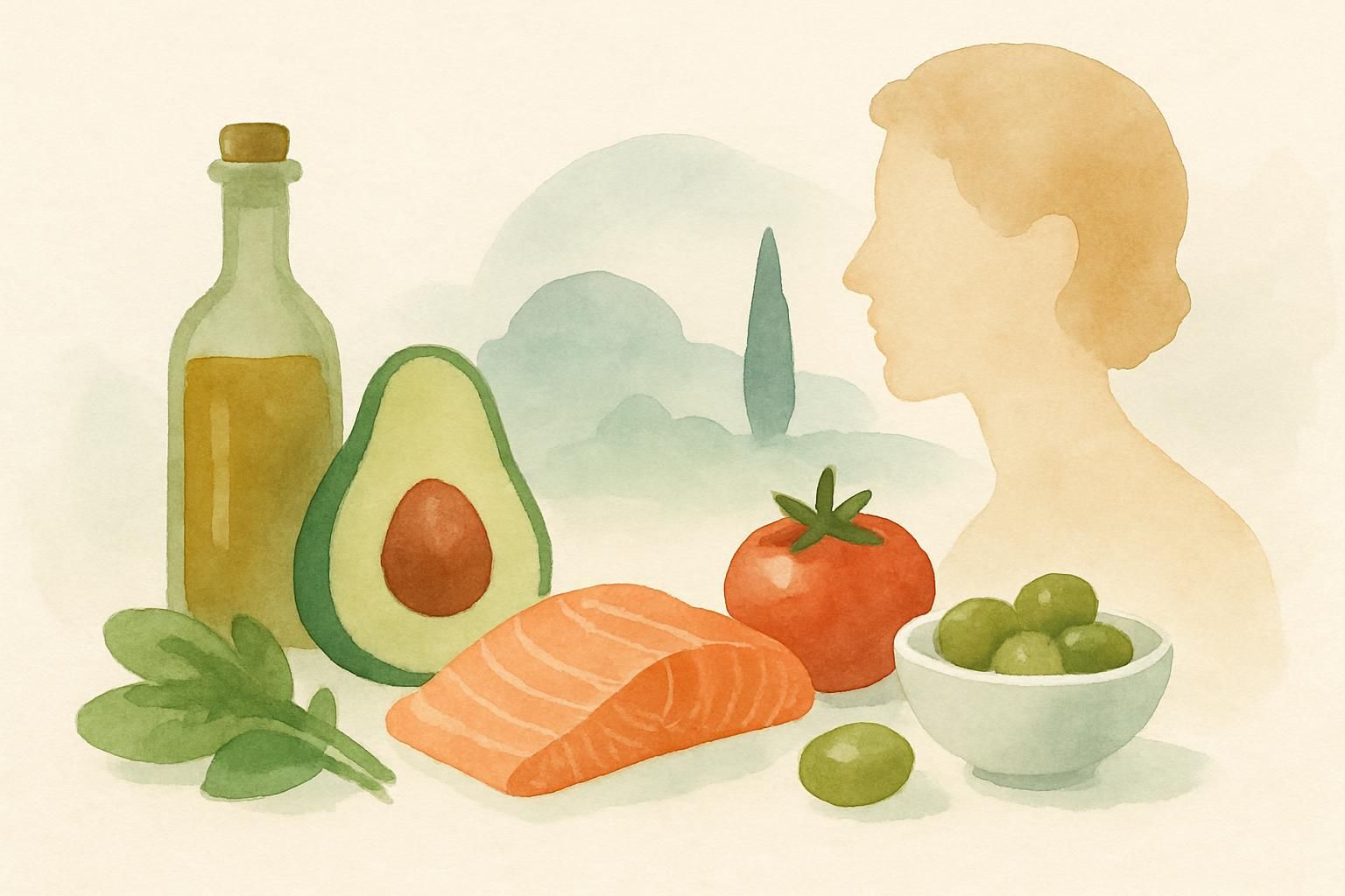 Ilustracja artykułu o diecie Keto Mediterranean — oliwa z oliwek, ryby, warzywa i orzechy