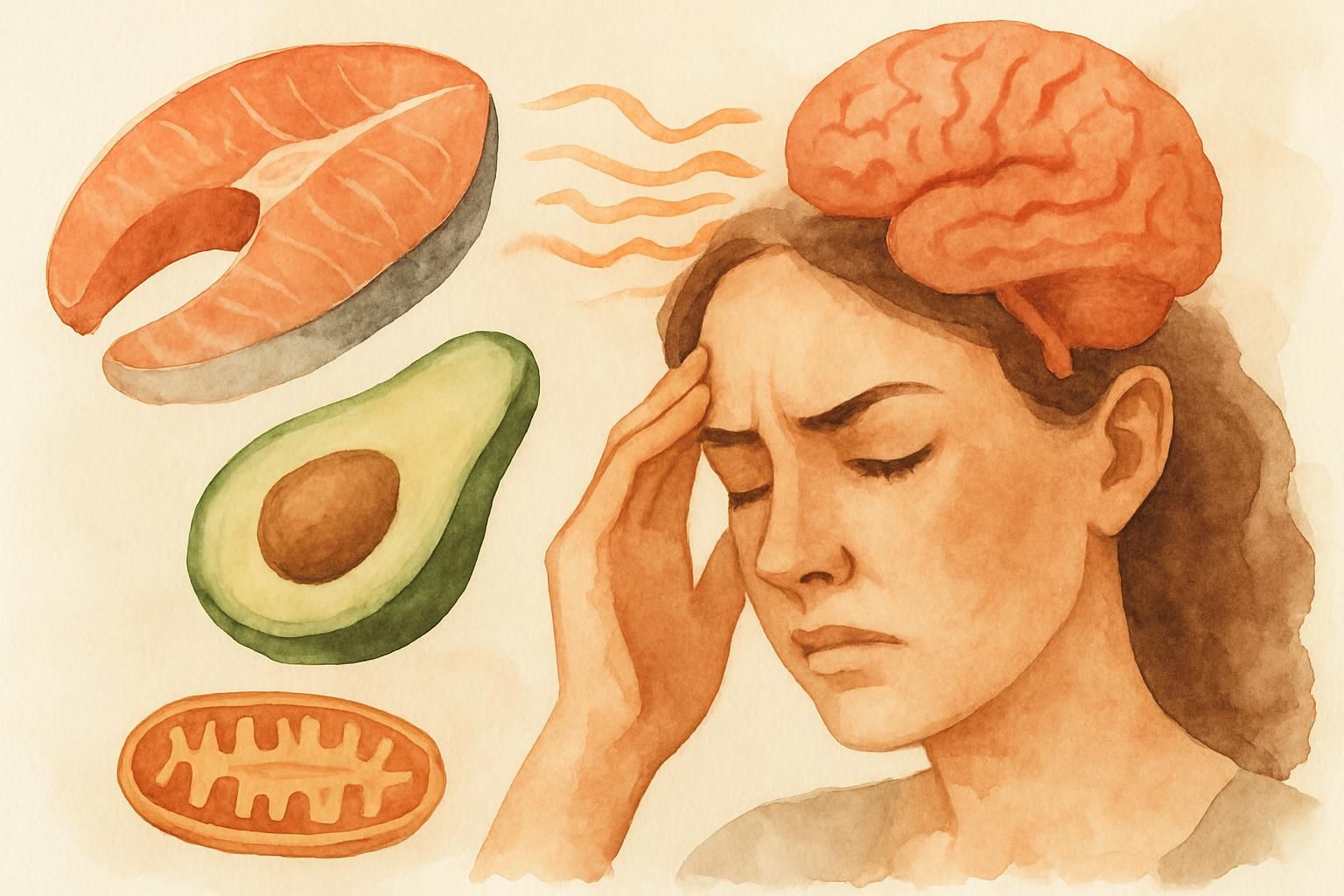 Ilustracja artykulu o diecie ketogenicznej a migrenach — CGRP, mitochondria, badania kliniczne